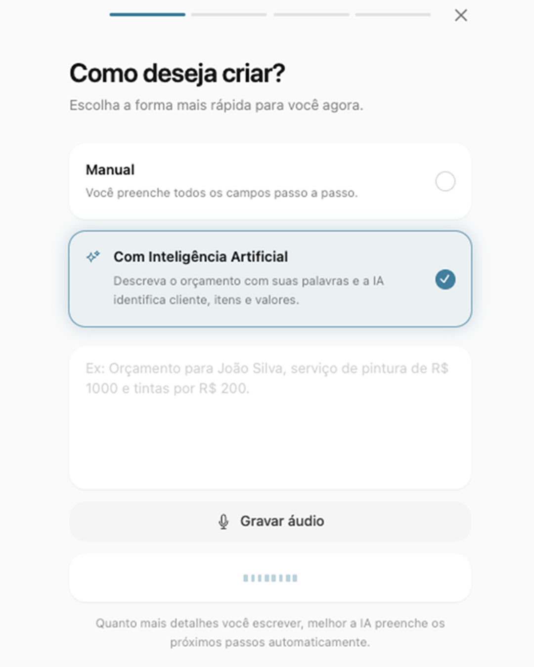 Tela de criação do orçamento